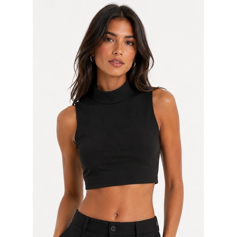 BCBGeneration Black Sleeveless Mock Neck Crop Top Women's XS Full Zip Back